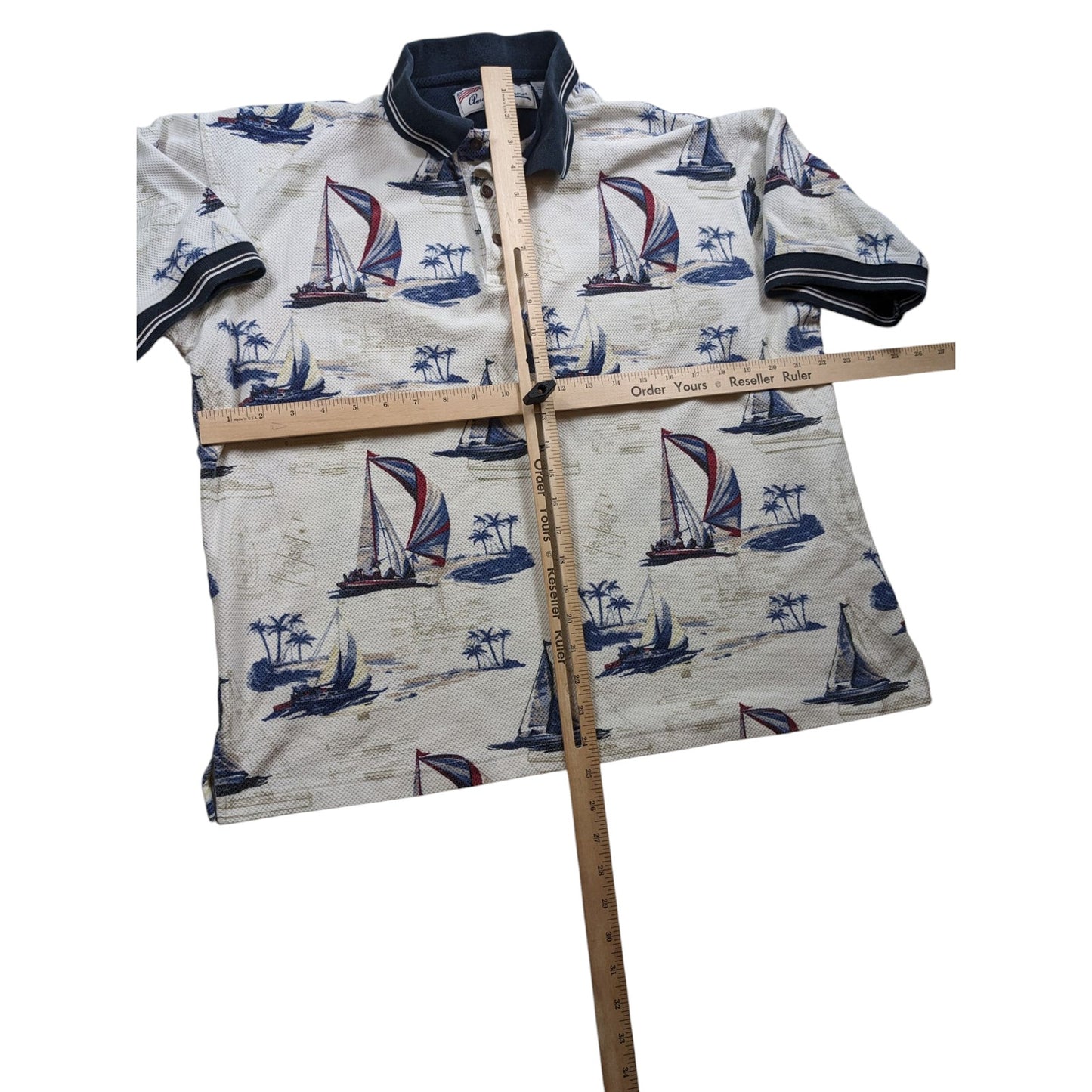 American Summer Polo Shirt Mens Large Nautical Sailboat Vintage Vacation Preppy