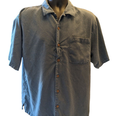 Tommy Bahama Mens Large Short Sleeve Shirt Blue Button Front Cotton Camp Collar