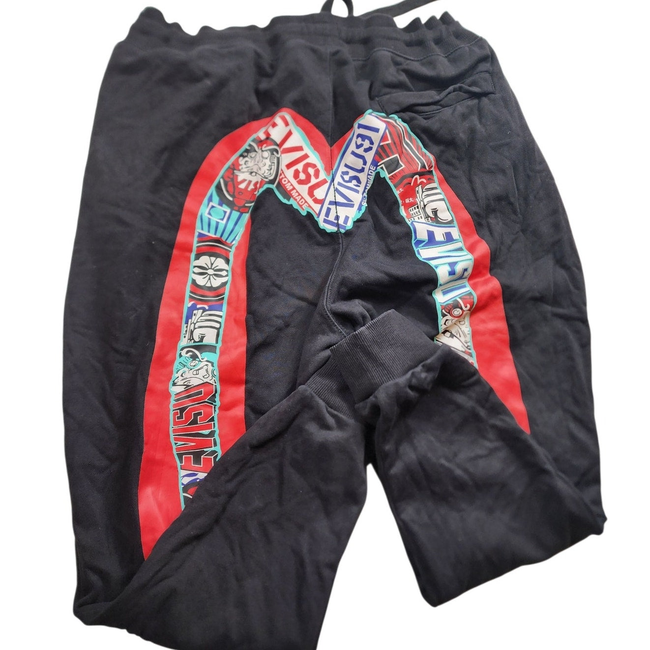 EVISU Heritage Custom XL Sweatpants Red Daicock Graphic Logo Streetwear Joggers