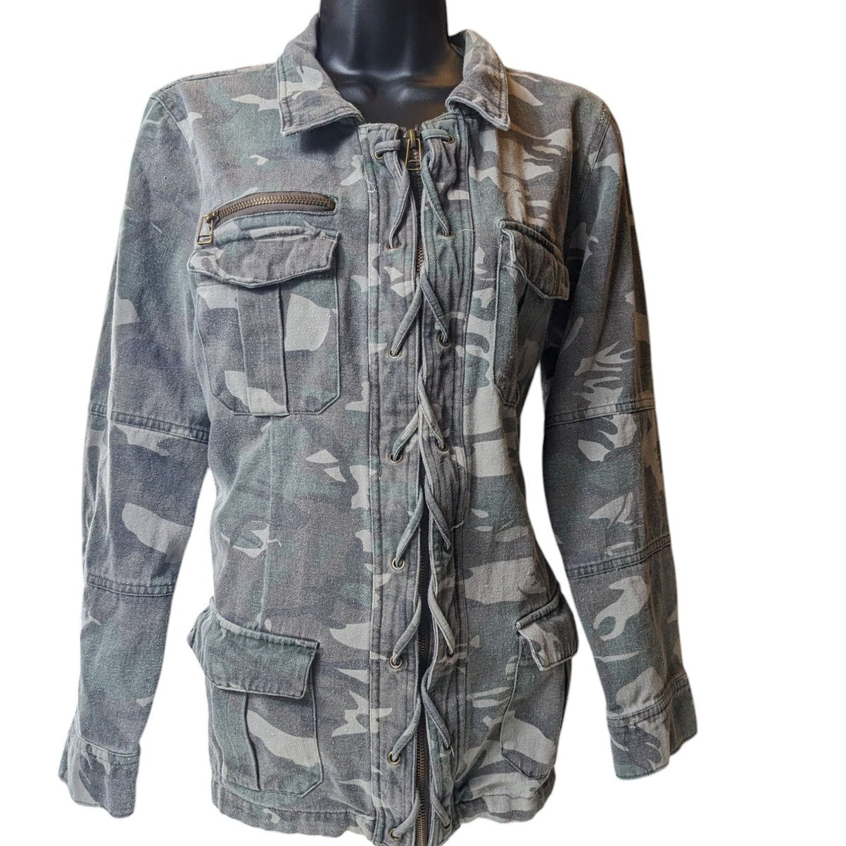BKE Camo Utility Jacket Womens Large Military Style Zip Up Field Coat Sweatshirt