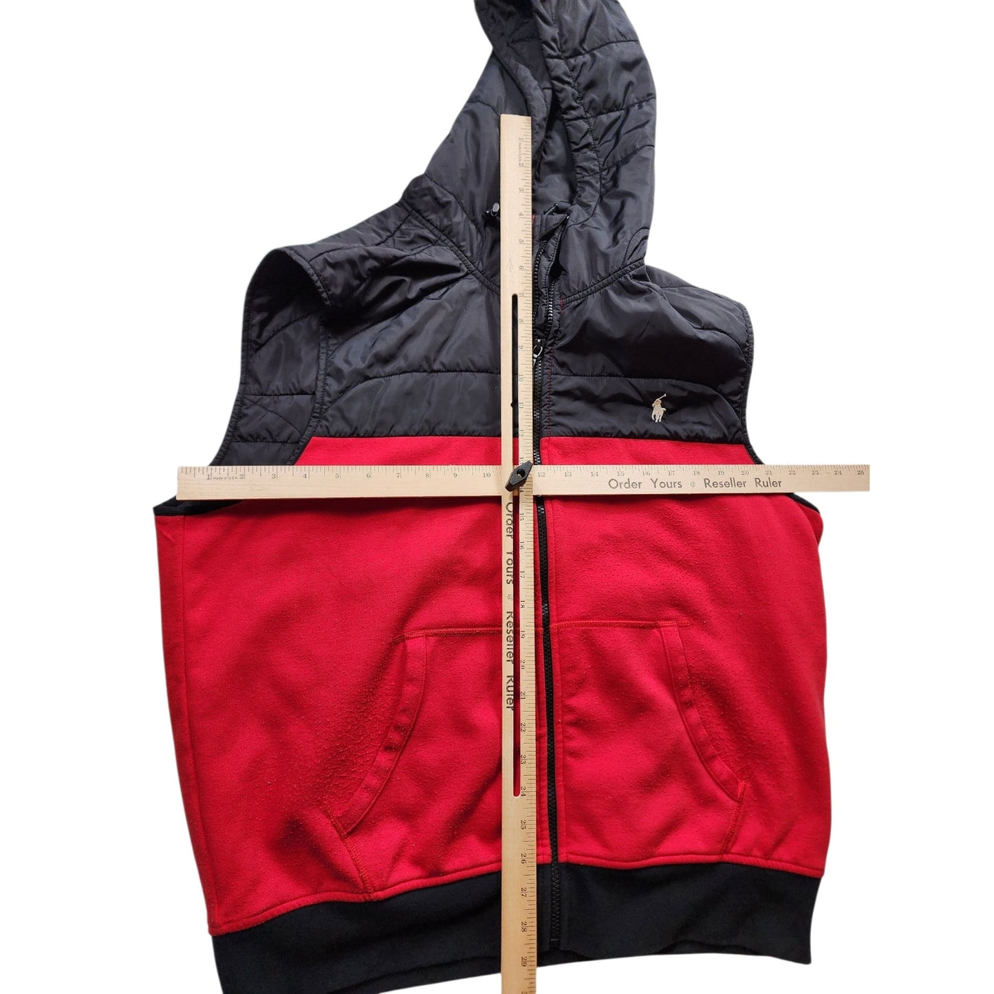 Polo Ralph Lauren Vest Men XL Puffer Red Black Hooded Full Zip Pony Fleece Gilet