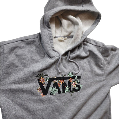 VANS Hoodie Womens Medium Floral Embroidered Raw Hem Cut Off Pullover Sweatshirt