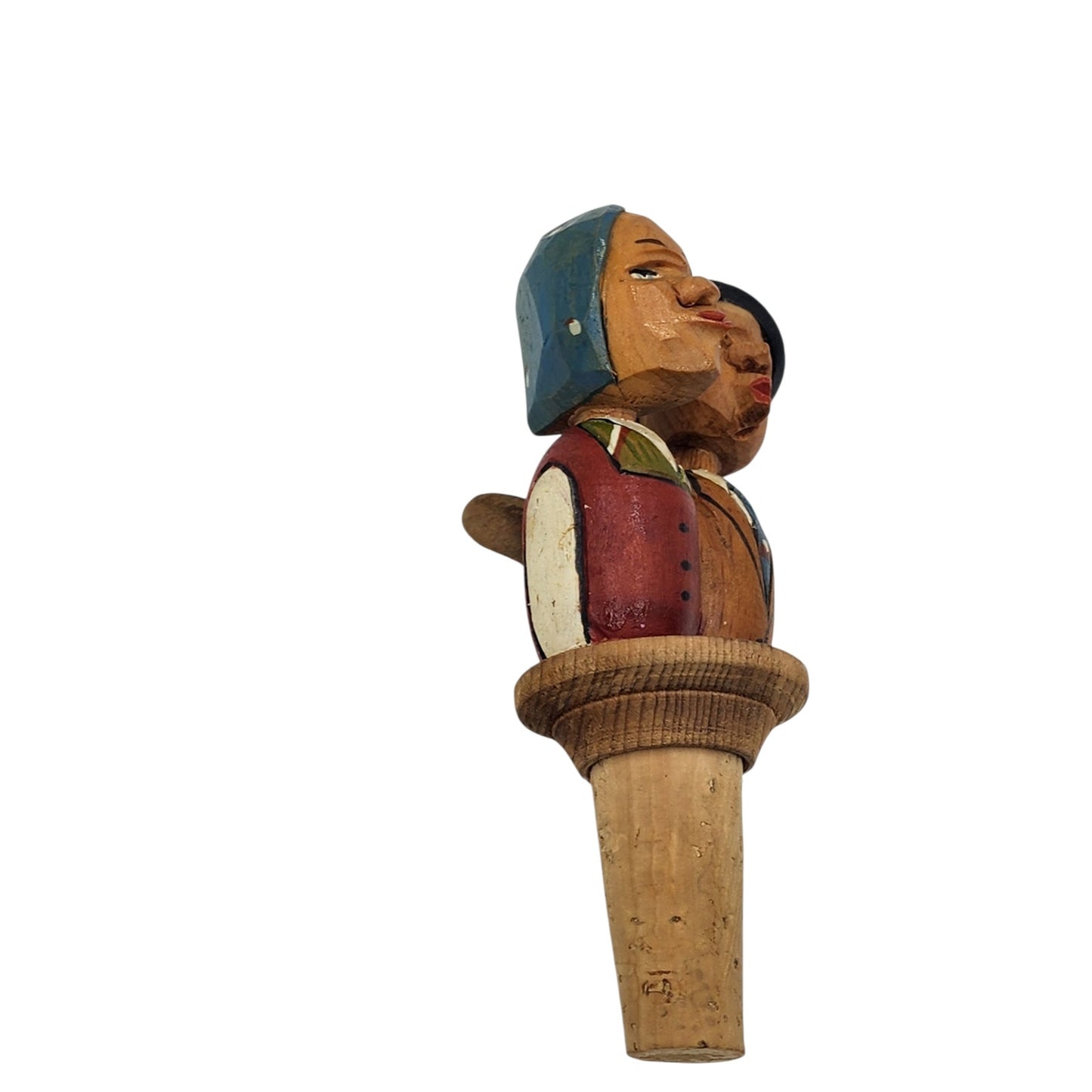 ANRI Italian HandCarved Wooden Bottle Stopper Couple Mechanical Folk Art Barware