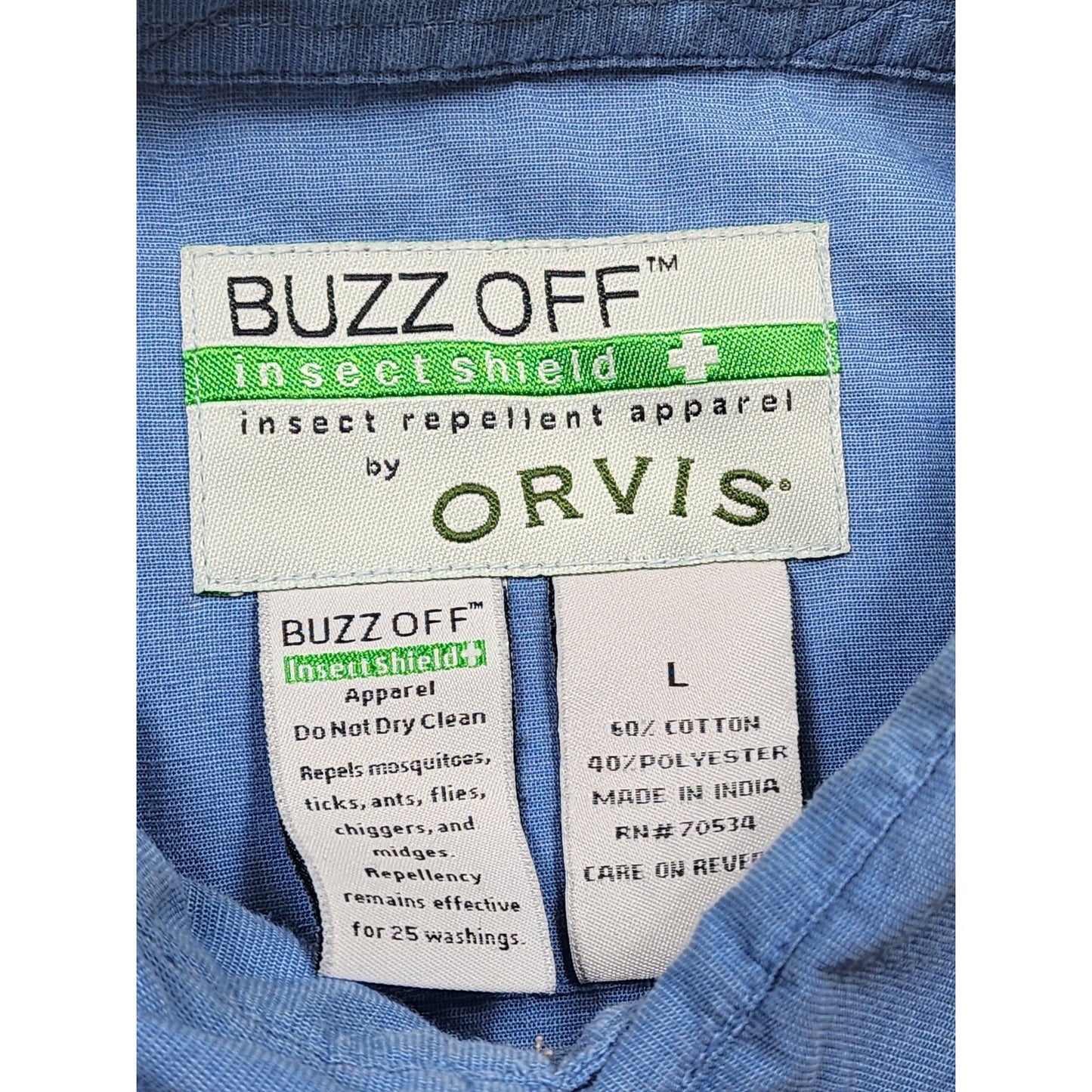 Orvis Buzz Off Insect Shield Shirt Large Blue Button Down Outdoor Hiking Fishing