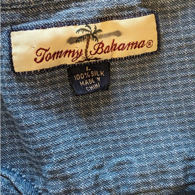 Tommy Bahama Mens Large Short Sleeve Shirt Blue Button Front Cotton Camp Collar