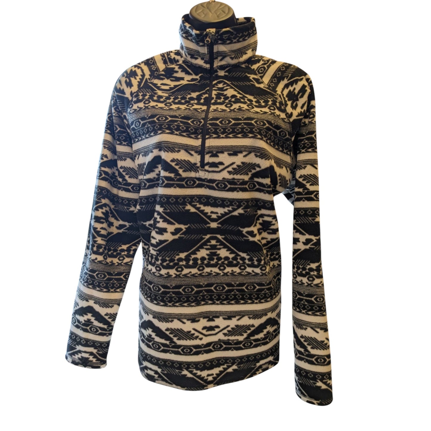 Eddie Bauer Sweater Womens XL Fleece Pullover Aztec Tribal Black White Cozy Warm
