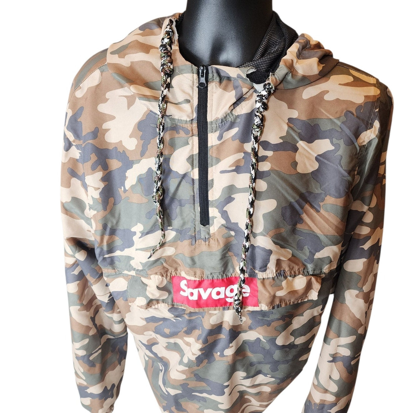 Carbon Savage Camo Pullover Windbreaker Hoodie Mens Large Womens XL Mesh Skater