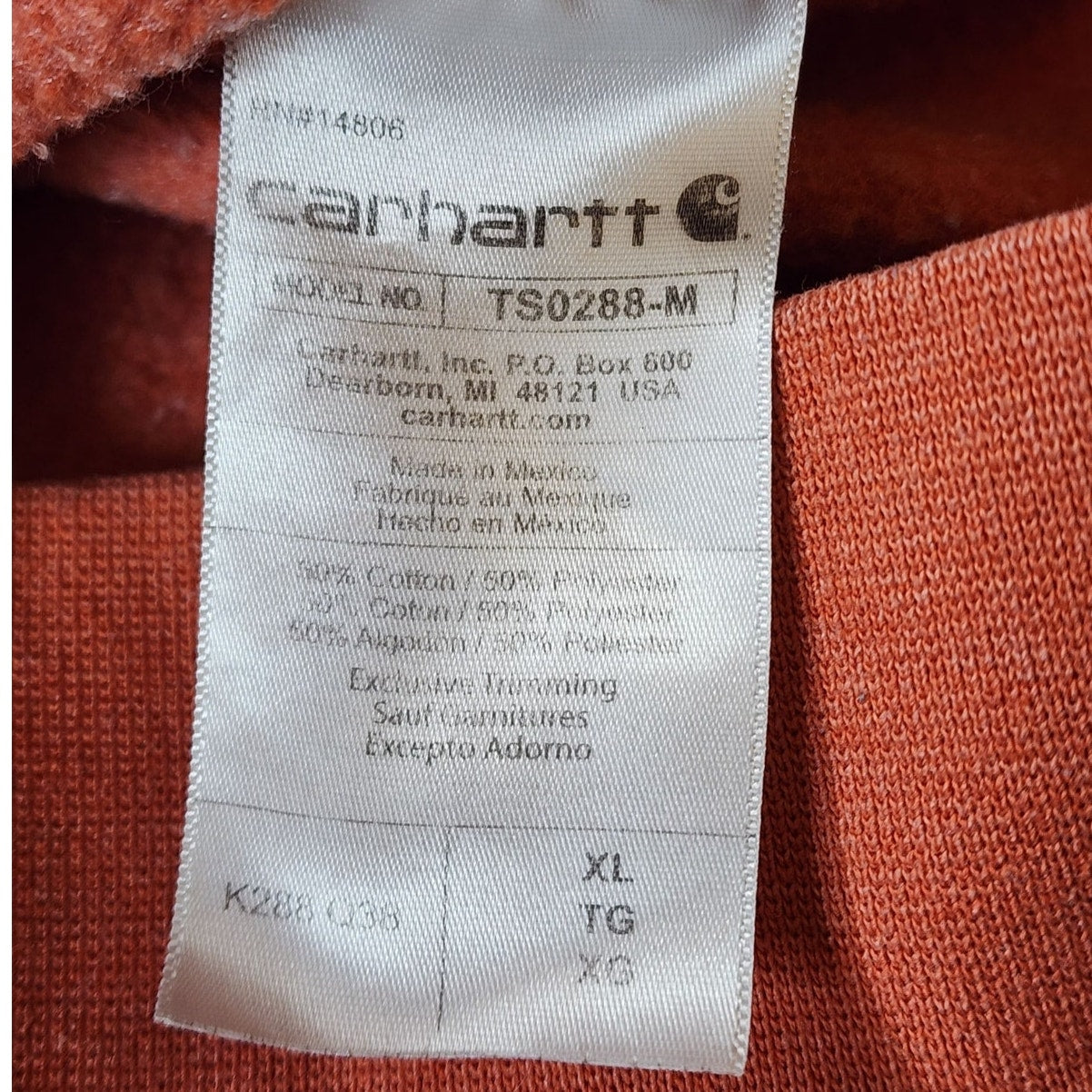 Carhartt Hoodie Mens XL Loose Fit Logo Sleeve Sweatshirt Rust Orange Pullover