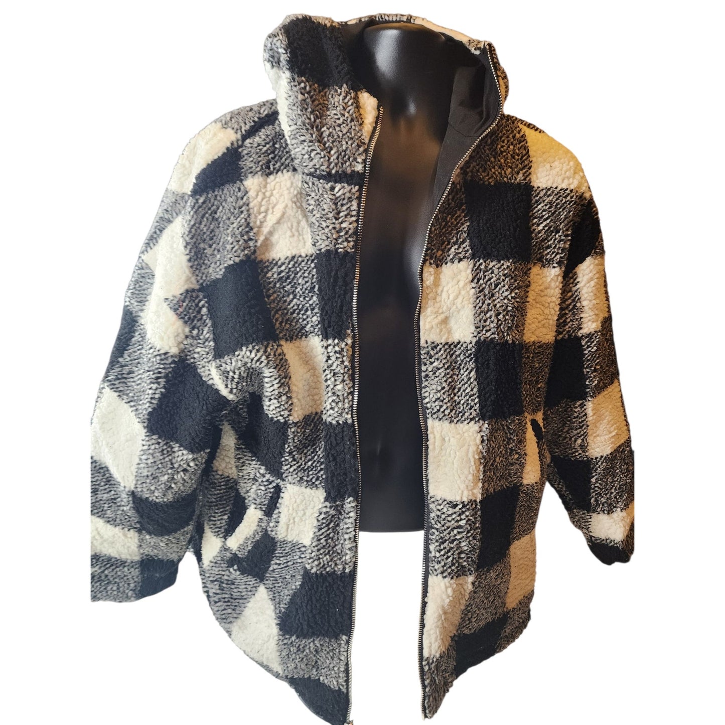 Buffalo Check Sherpa Fleece Jacket Large Black White Plaid Zip Hooded Coat Cozy