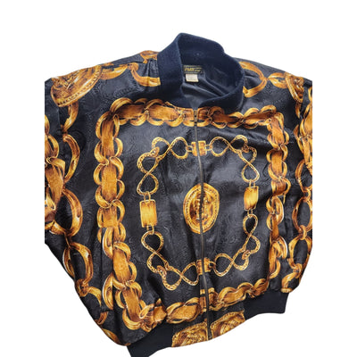 Vintage PMB Fashion Women XL Bomber Jacket Gold Chain Print Korea Bold Light