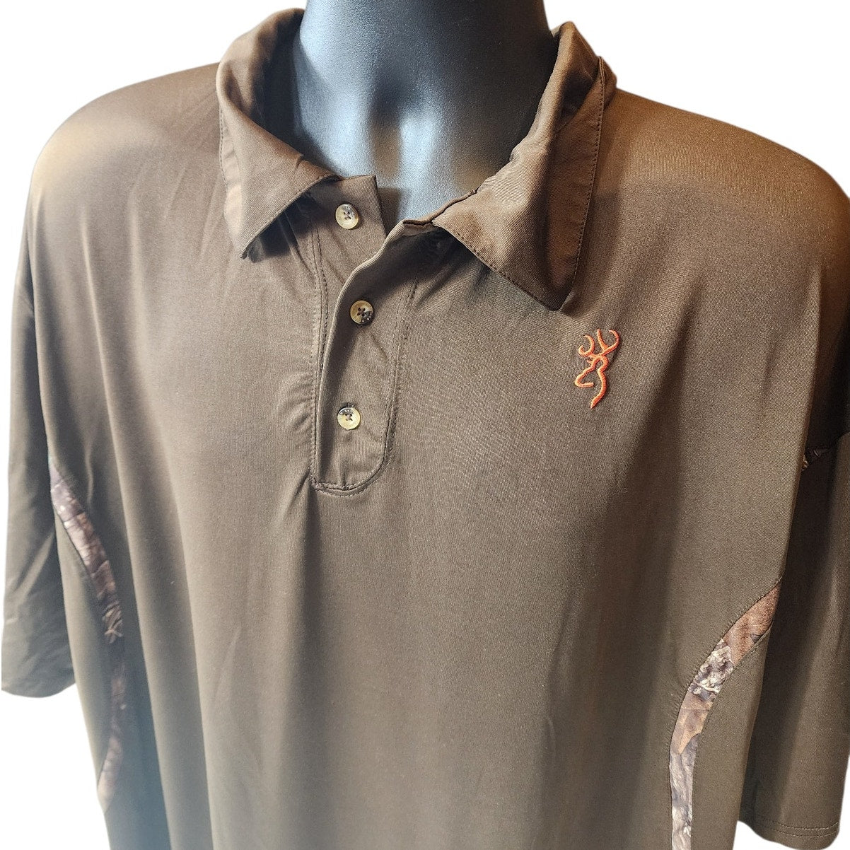 Browning Polo Shirt Mens 2XL Brown Performance Hunting Logo Camo Accents Short