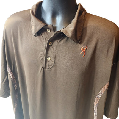 Browning Polo Shirt Mens 2XL Brown Performance Hunting Logo Camo Accents Short