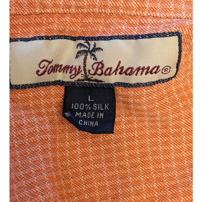 Tommy Bahama Silk Shirt Mens Large Orange Check Short Sleeve Button Beach Resort