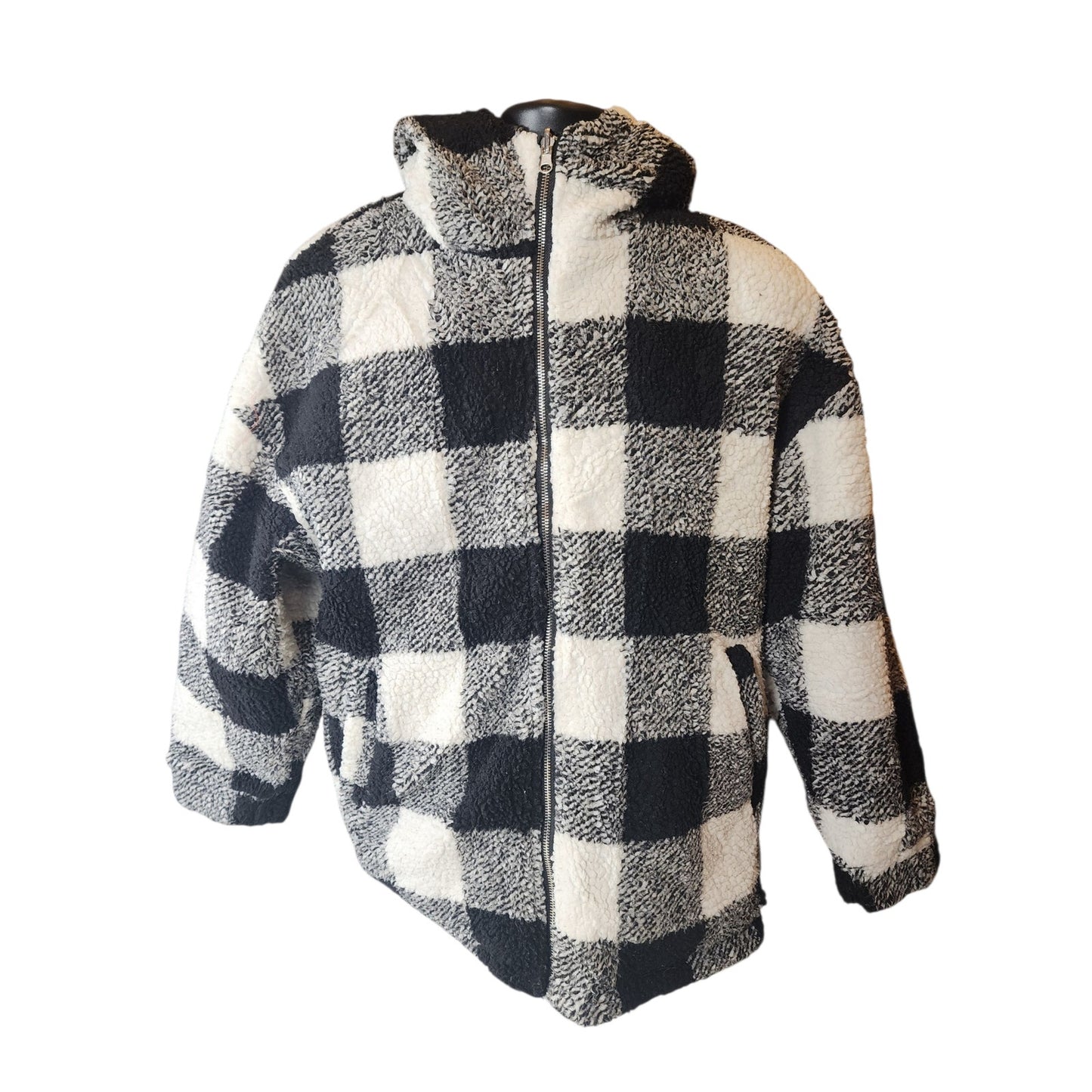 Buffalo Check Sherpa Fleece Jacket Large Black White Plaid Zip Hooded Coat Cozy