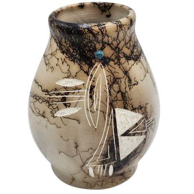 Native American Horsehair Pottery Vase Signed Southwest Etched Design Navajo 6"