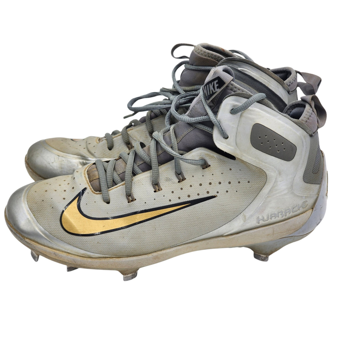 Nike Huarache Baseball Cleats 10.5 Gray Gold Metal Spikes High Top 923428-070