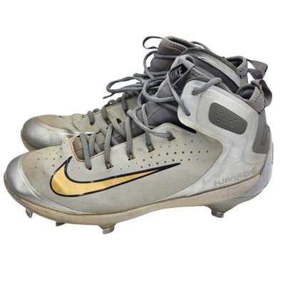 Nike Huarache Baseball Cleats 10.5 Gray Gold Metal Spikes High Top 923428-070