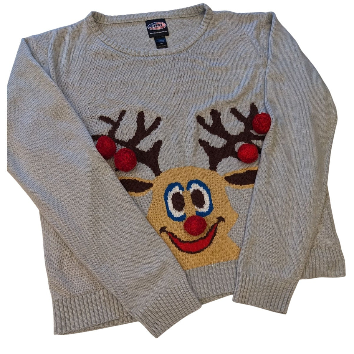 Ugly Christmas Sweater Women 2XL Reindeer 3D PomPom Acrylic Pullover Long Sleeve