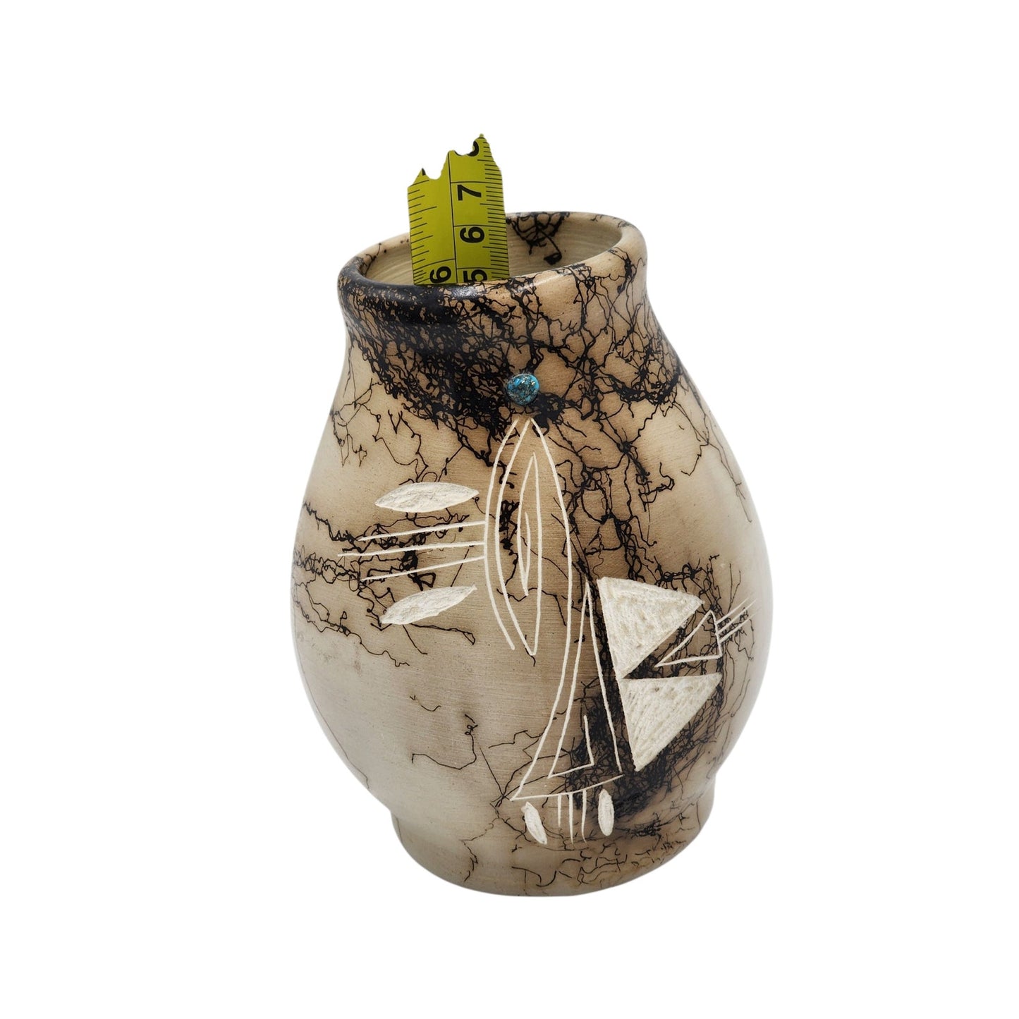 Native American Horsehair Pottery Vase Signed Southwest Etched Design Navajo 6"