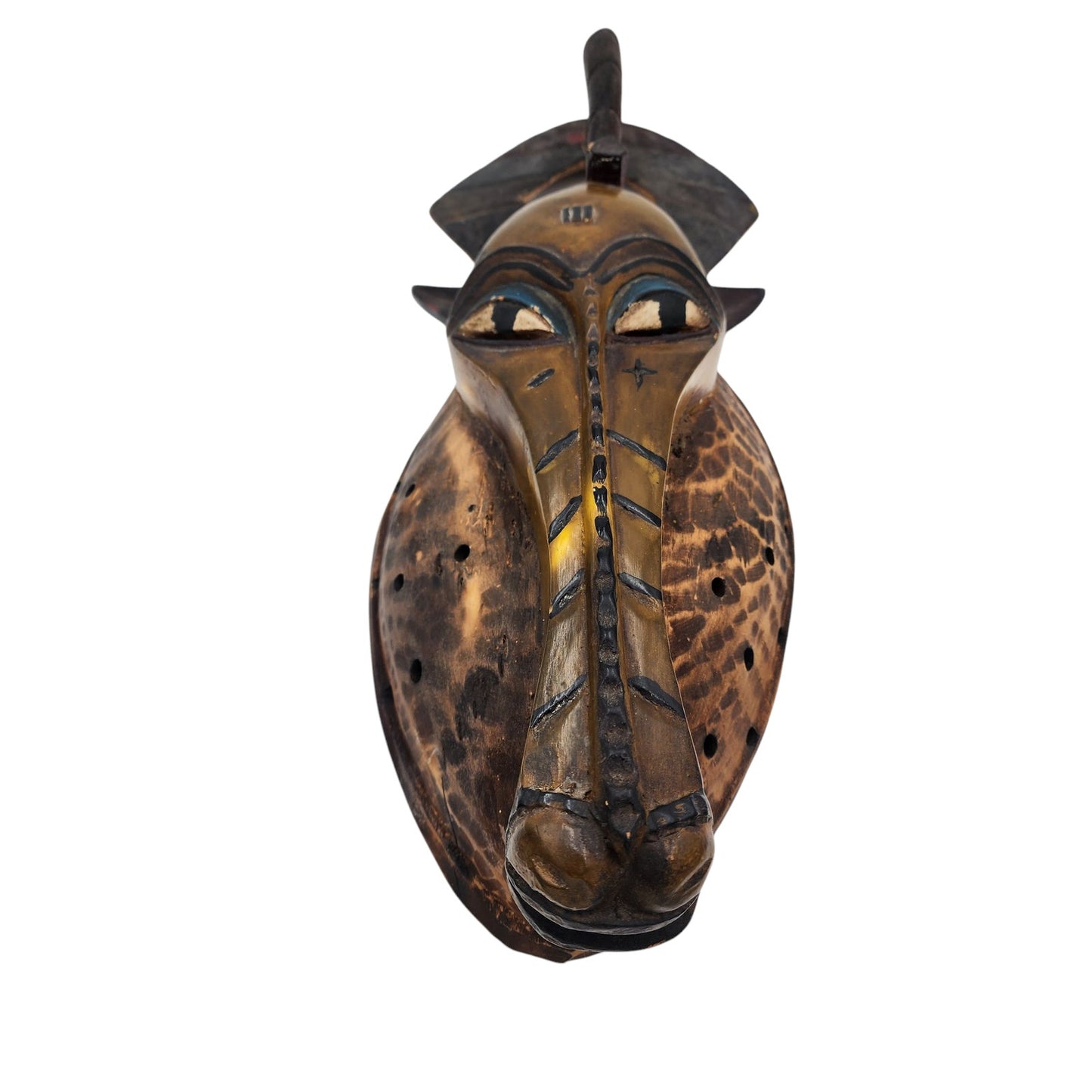 African Antelope Mask Hand Carved Wood Tribal Wall Art Rope Hanger Vintage 26"