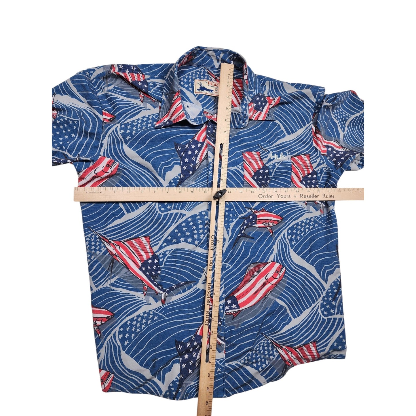 Huk Fishing Shirt Men Medium Patriotic Red White Blue Marlin Flags Button Down
