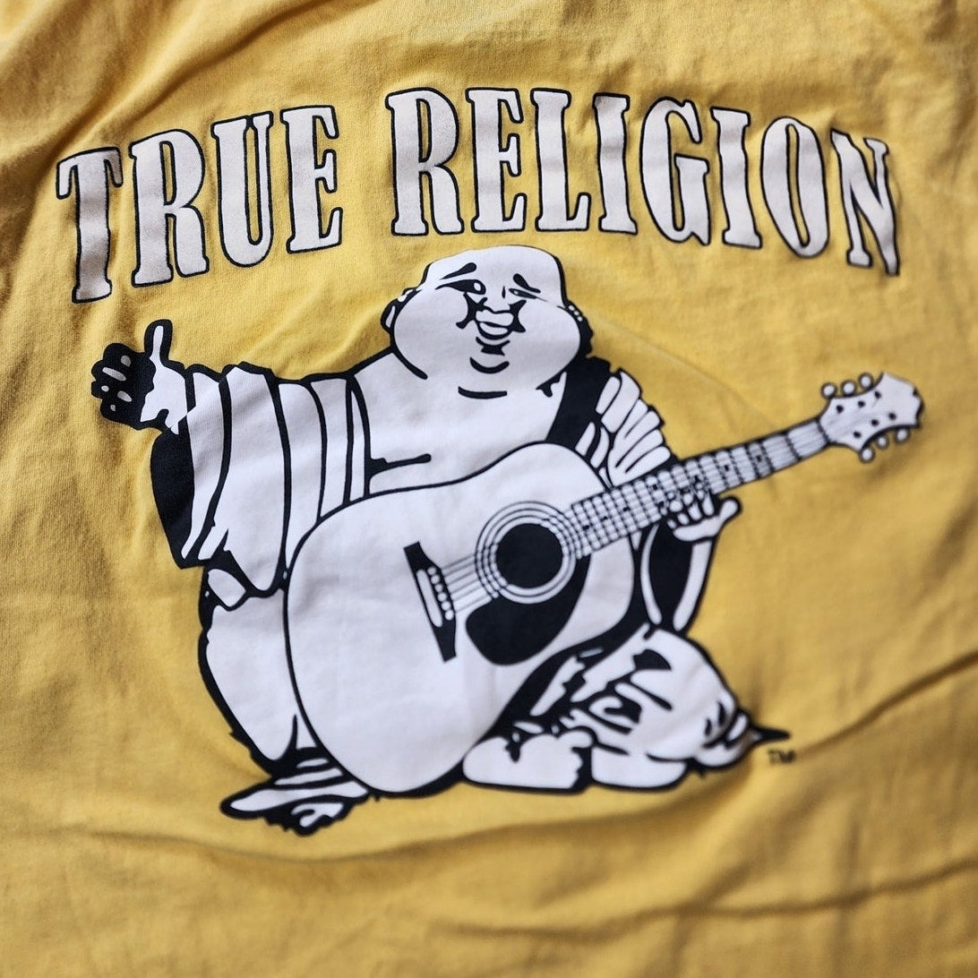 True Religion T Shirt Men Medium Graphic Tee Buddha Guitar Logo Streetwear Top