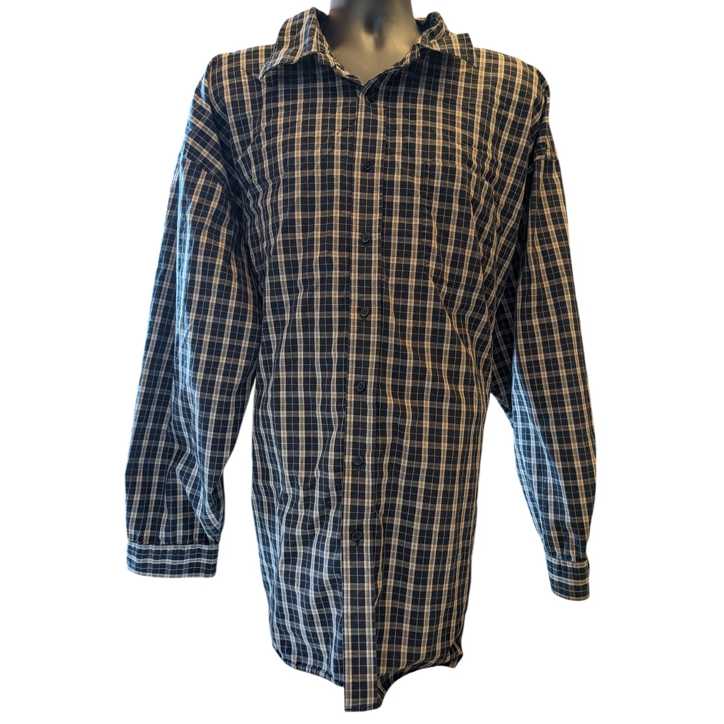 Van Heusen Studio Shirt Mens 3XLT Button Up Long Sleeve Cotton Plaid Blue Gray