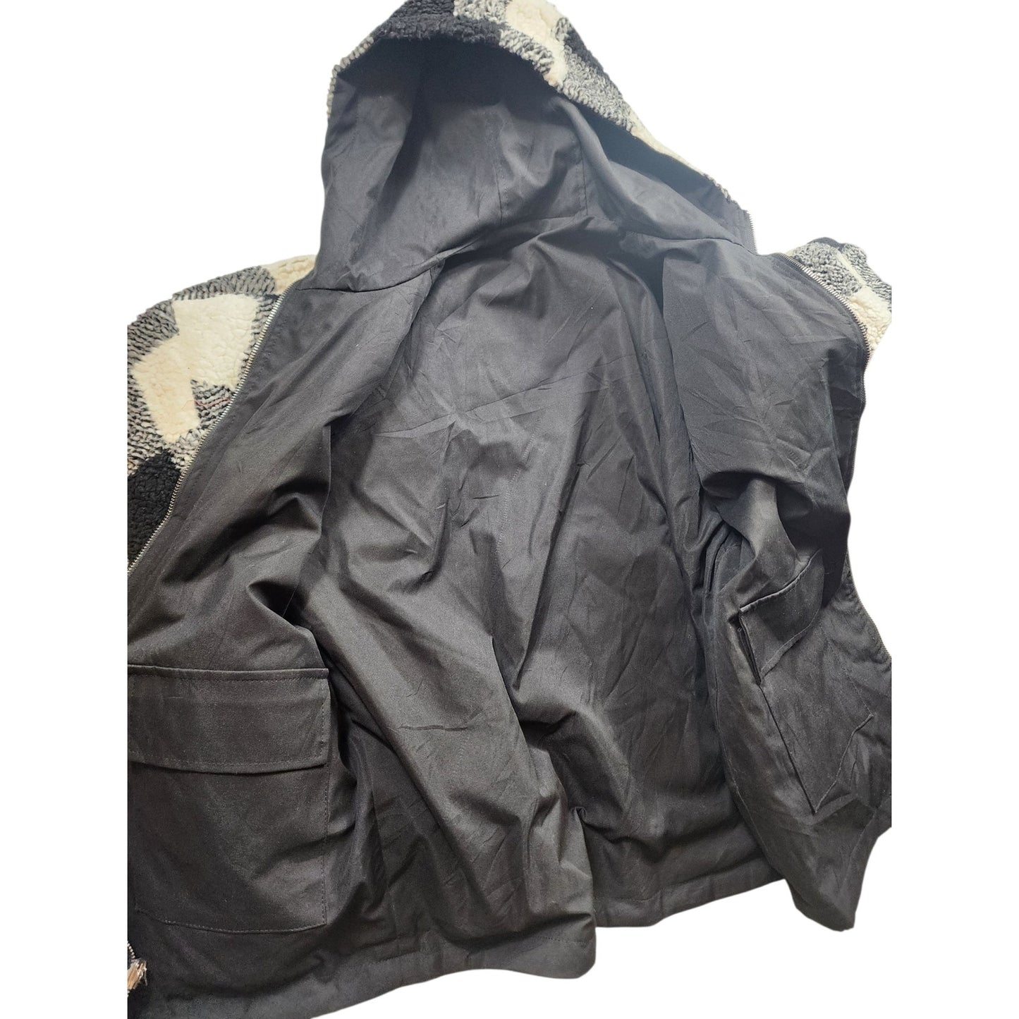 Buffalo Check Sherpa Fleece Jacket Large Black White Plaid Zip Hooded Coat Cozy