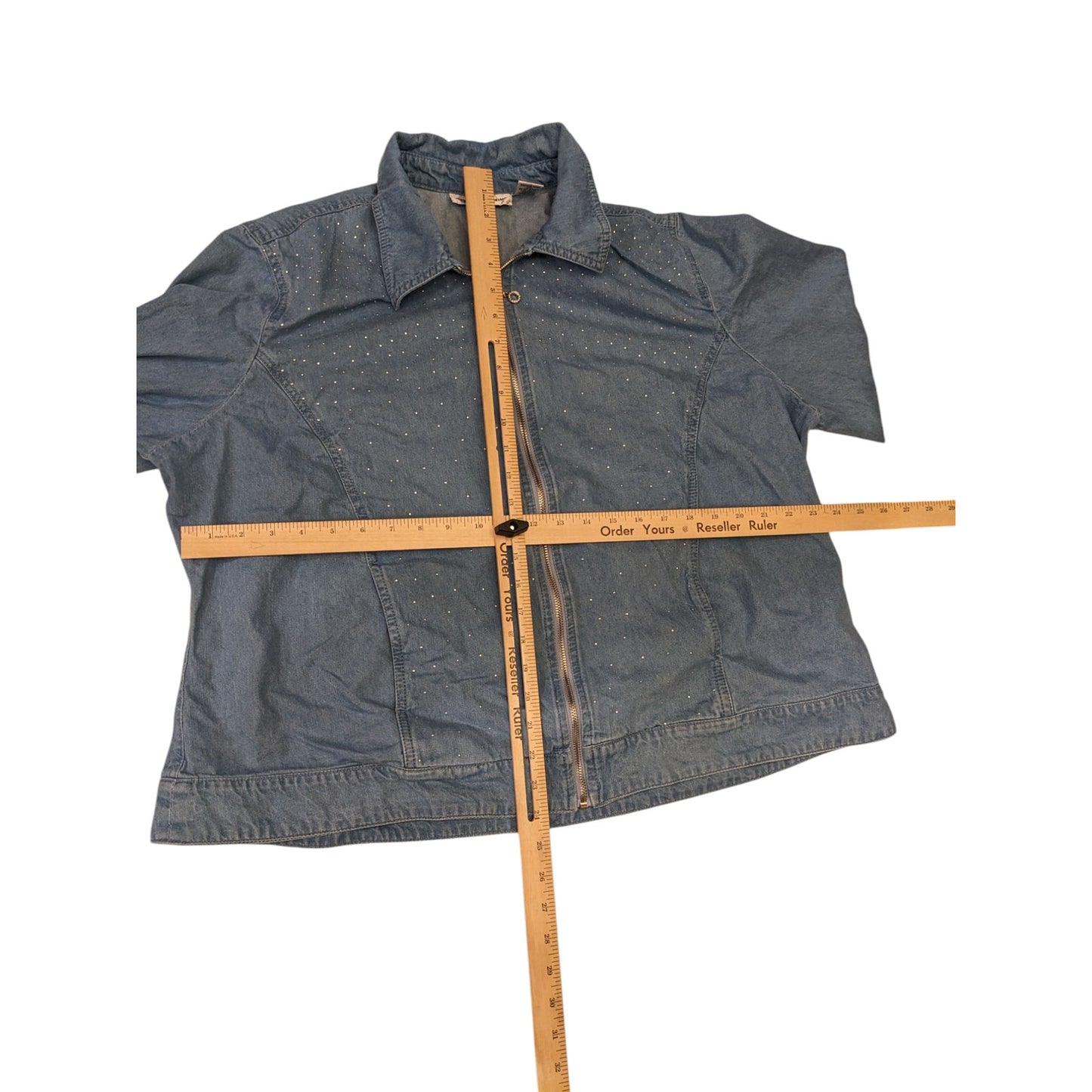 Cathy Daniels Denim Jacket Womens 1X Zip Front Blue Studded Cotton Spring