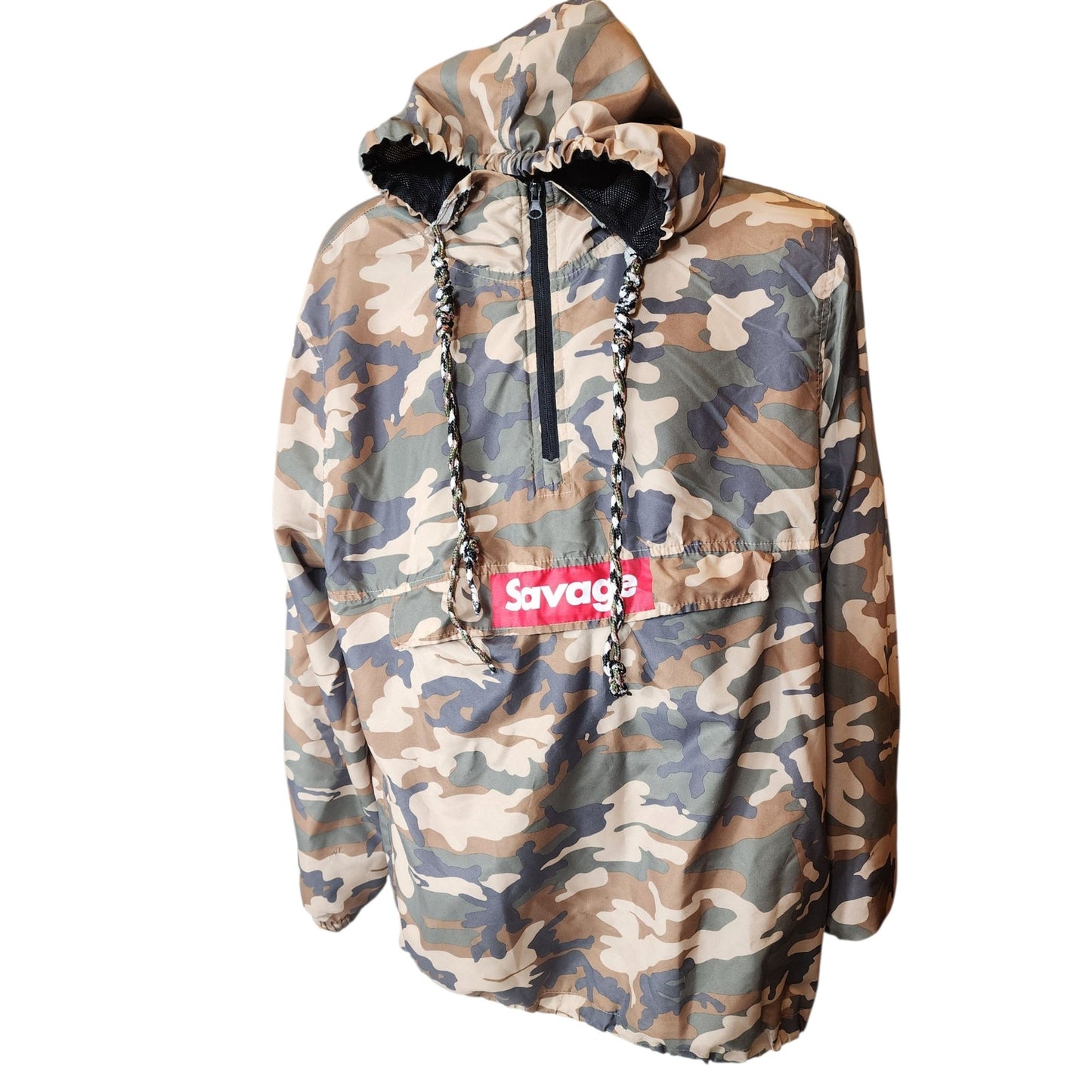 Carbon Savage Camo Pullover Windbreaker Hoodie Mens Large Womens XL Mesh Skater