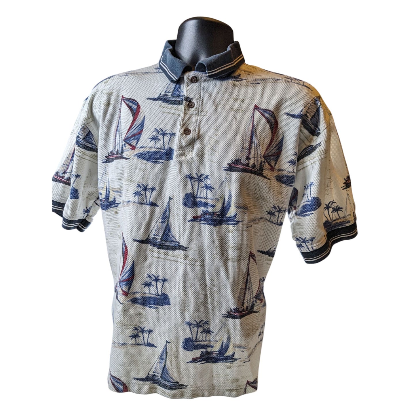 American Summer Polo Shirt Mens Large Nautical Sailboat Vintage Vacation Preppy