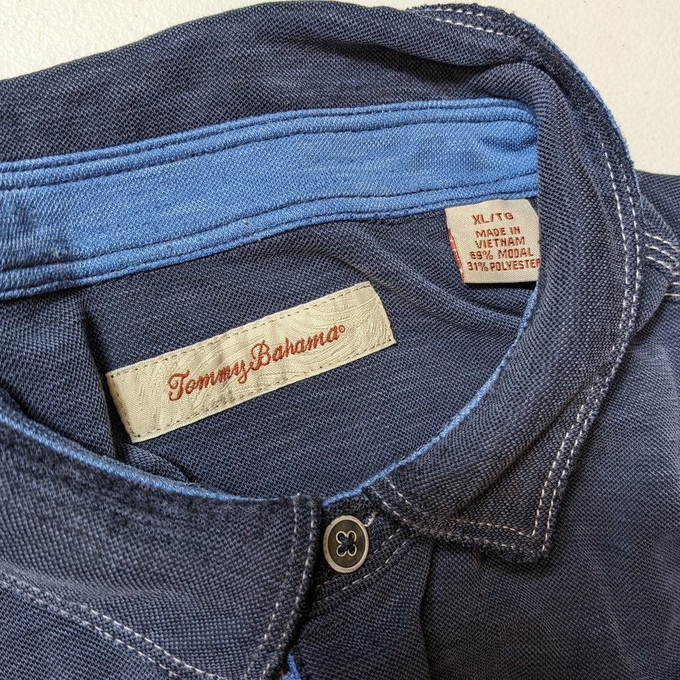 Tommy Bahama Polo Men XL Navy Blue Modal Short Sleeve Contrast Stitch Shirt Prep