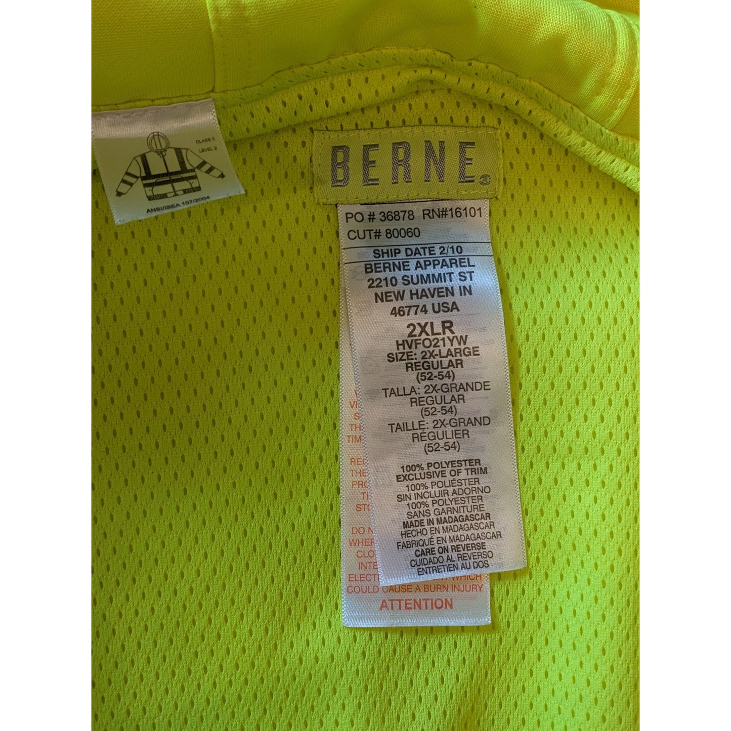 Berne Hi-Vis Hoodie Men 2XL Yellow Reflective Zip Safety Sweatshirt Construction
