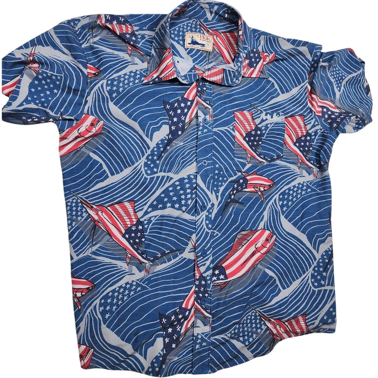 Huk Fishing Shirt Men Medium Patriotic Red White Blue Marlin Flags Button Down