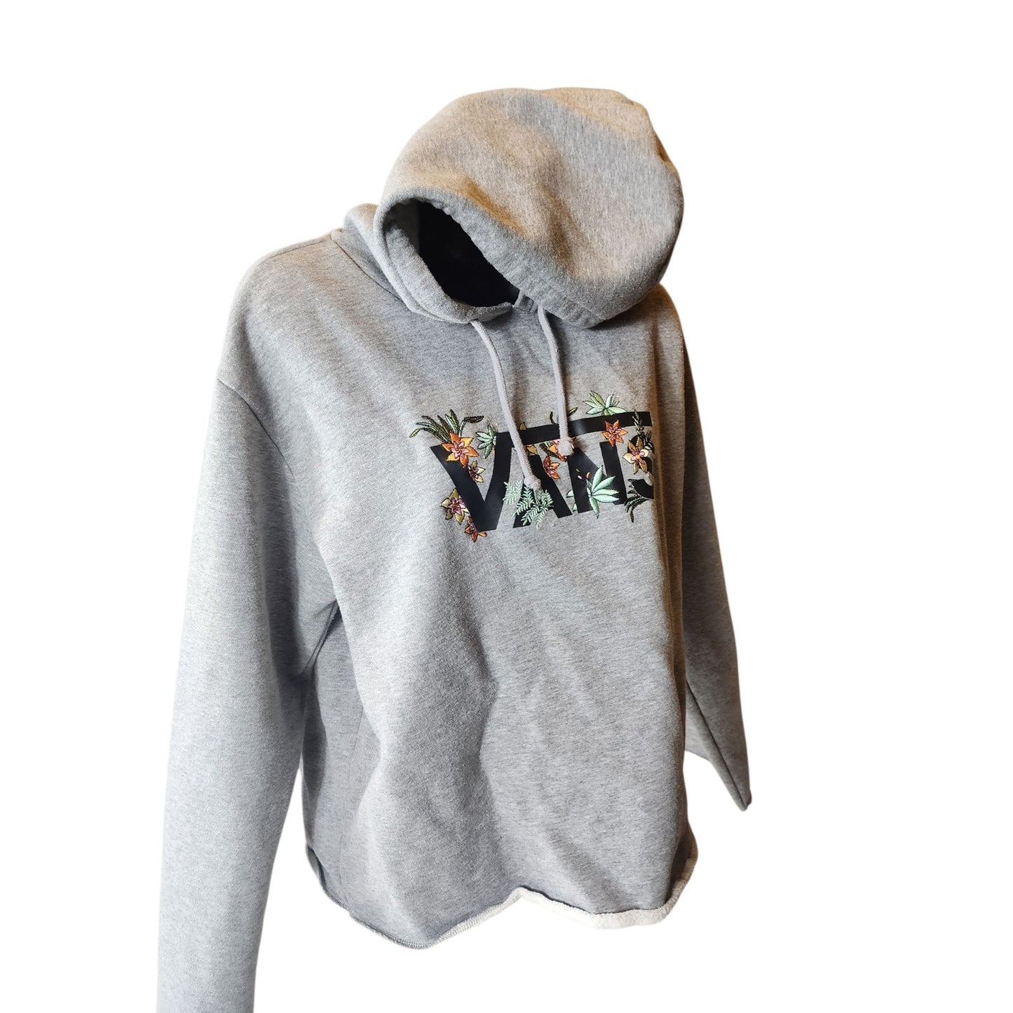 VANS Hoodie Womens Medium Floral Embroidered Raw Hem Cut Off Pullover Sweatshirt