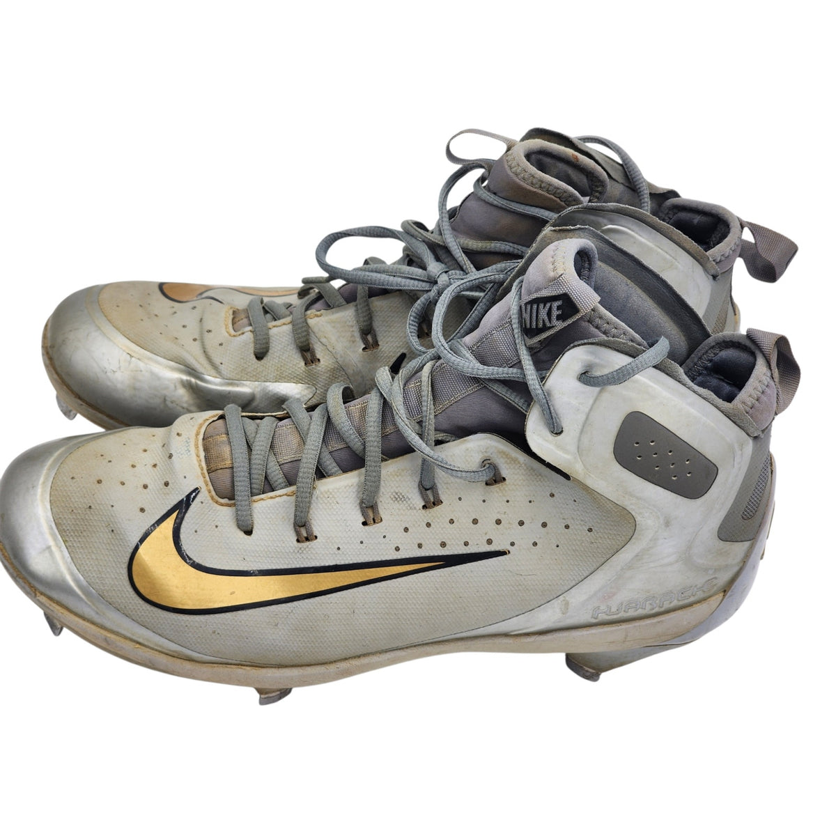 Nike Huarache Baseball Cleats 10.5 Gray Gold Metal Spikes High Top 923428-070