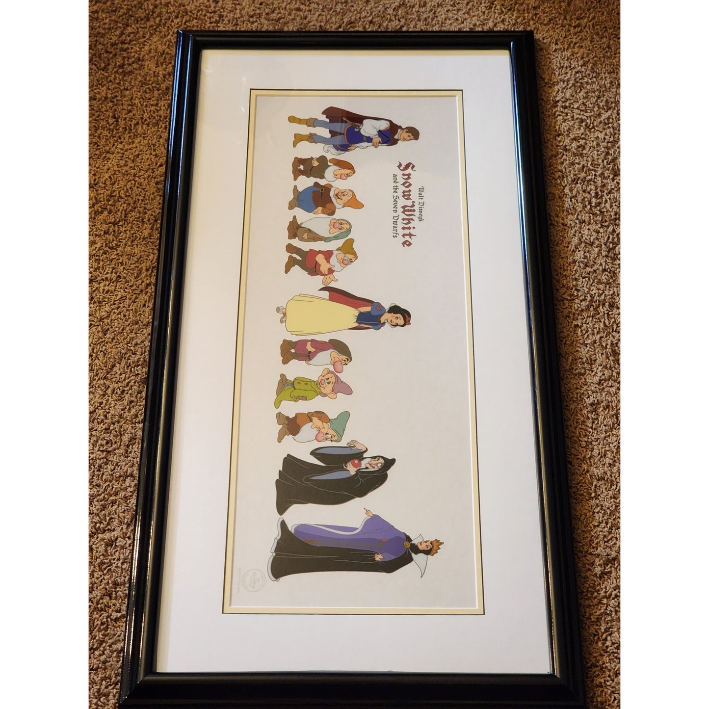 Disney Sericel Snow White Seven Dwarf Cast of Characters COA Tag LE Framed 35x18