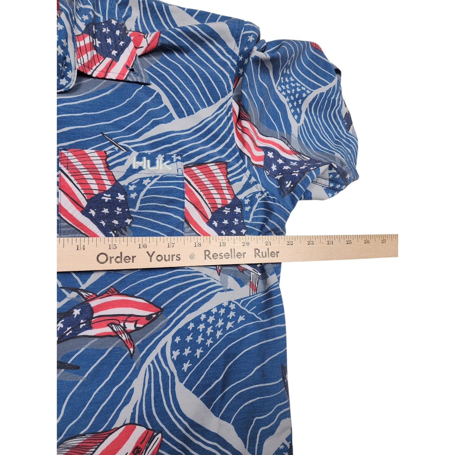 Huk Fishing Shirt Men Medium Patriotic Red White Blue Marlin Flags Button Down