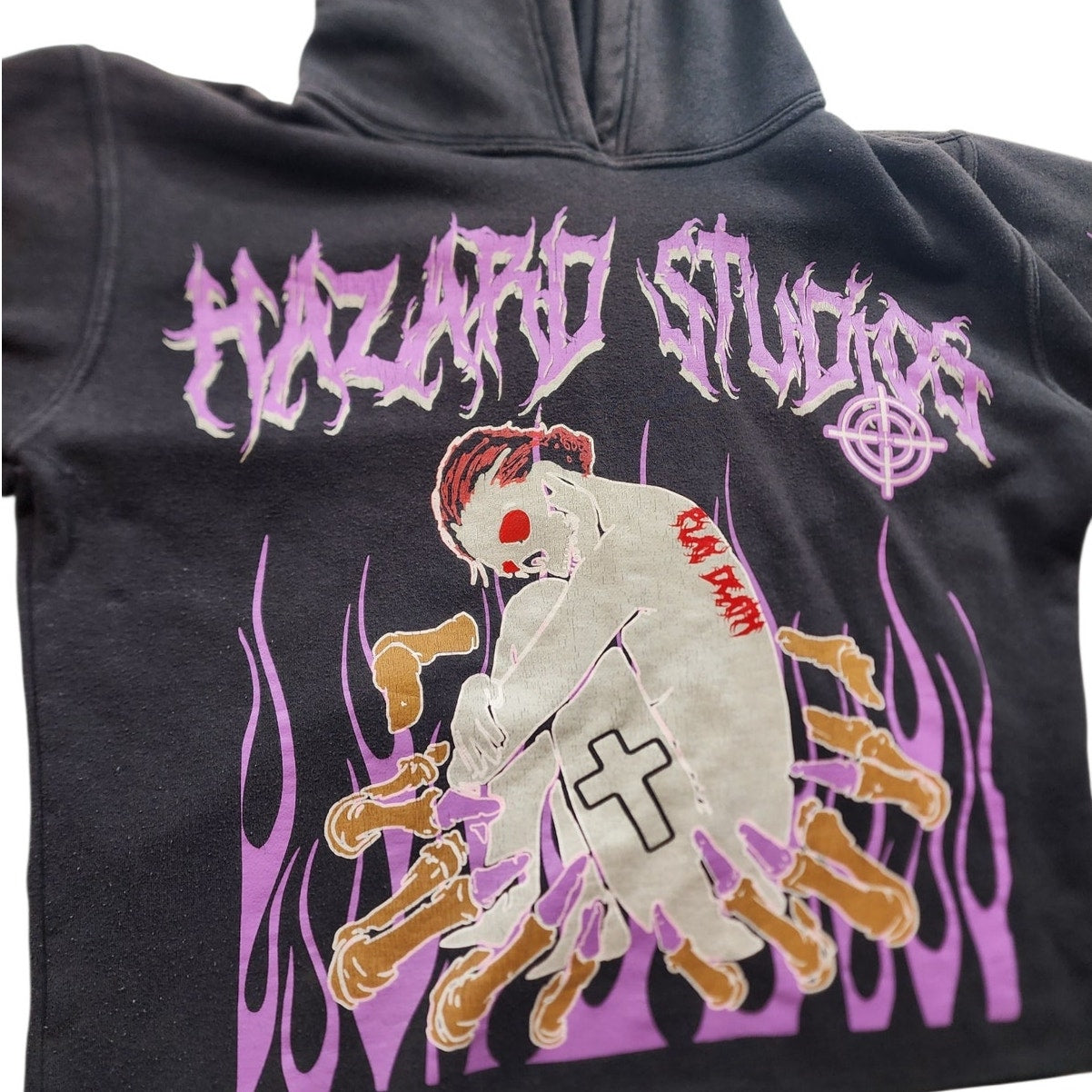 Hazard Hoodie Men Medium Graphic Flame Skeleton Goth Streetwear Sweatshirt