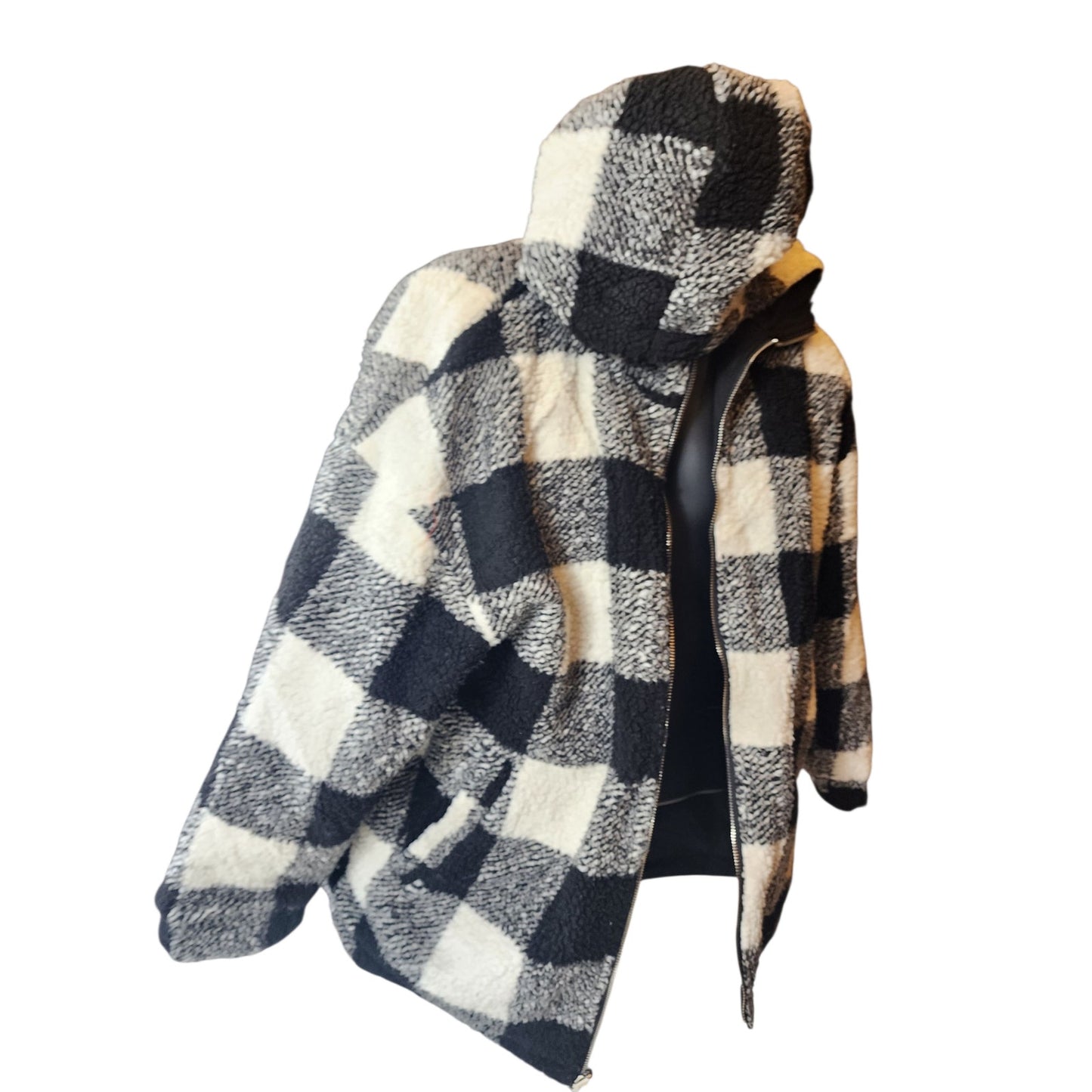 Buffalo Check Sherpa Fleece Jacket Large Black White Plaid Zip Hooded Coat Cozy
