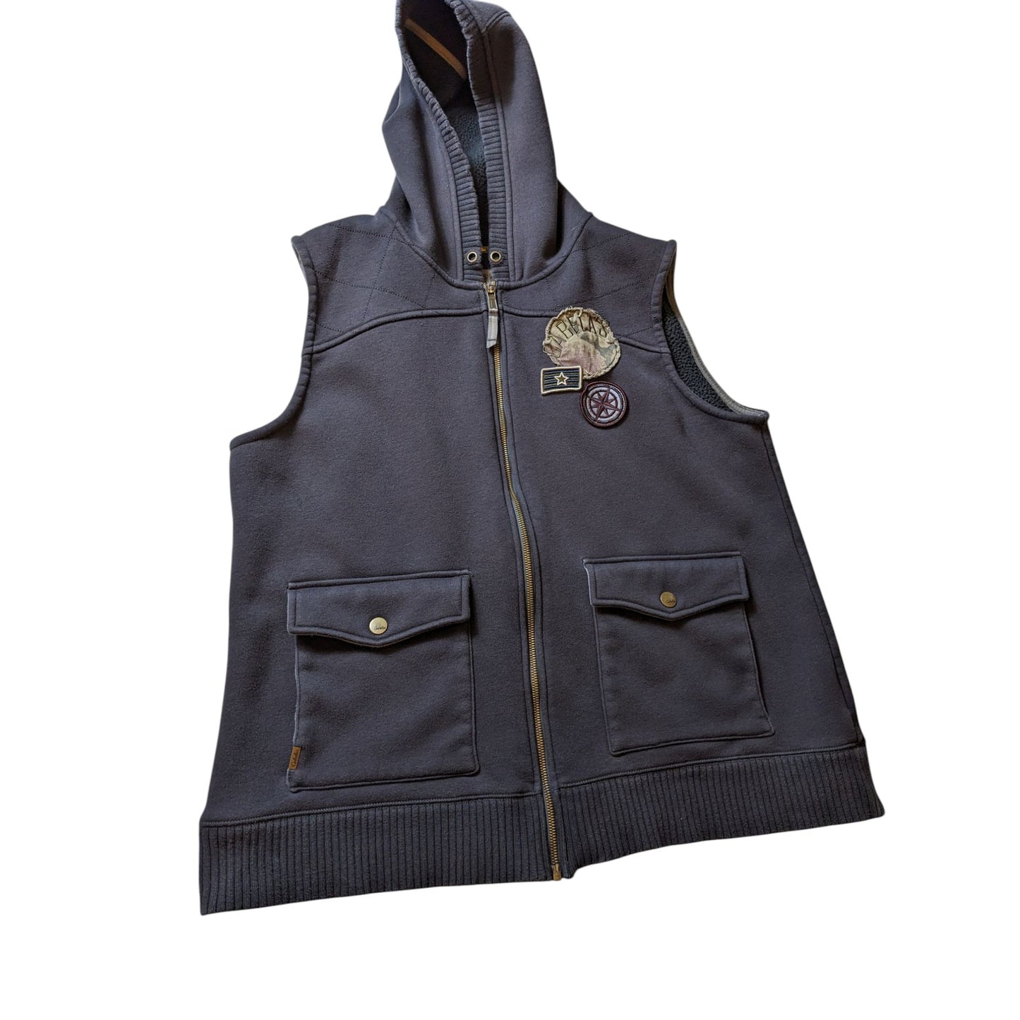 Cabelas Sleeveless Hoodie Vest Womens 2XL Mens XL Fleece Patches Streetwear Zip