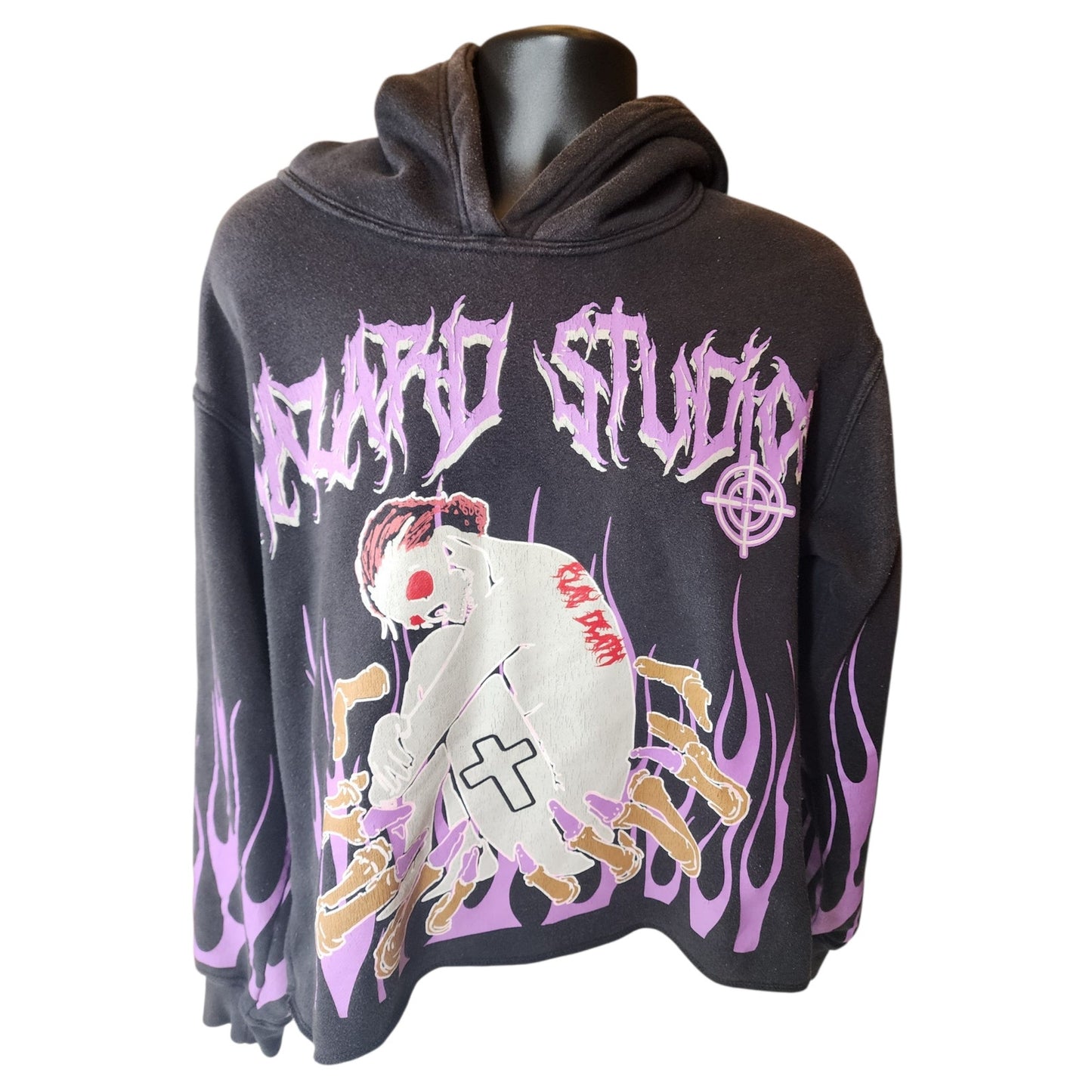 Hazard Hoodie Men Medium Graphic Flame Skeleton Goth Streetwear Sweatshirt