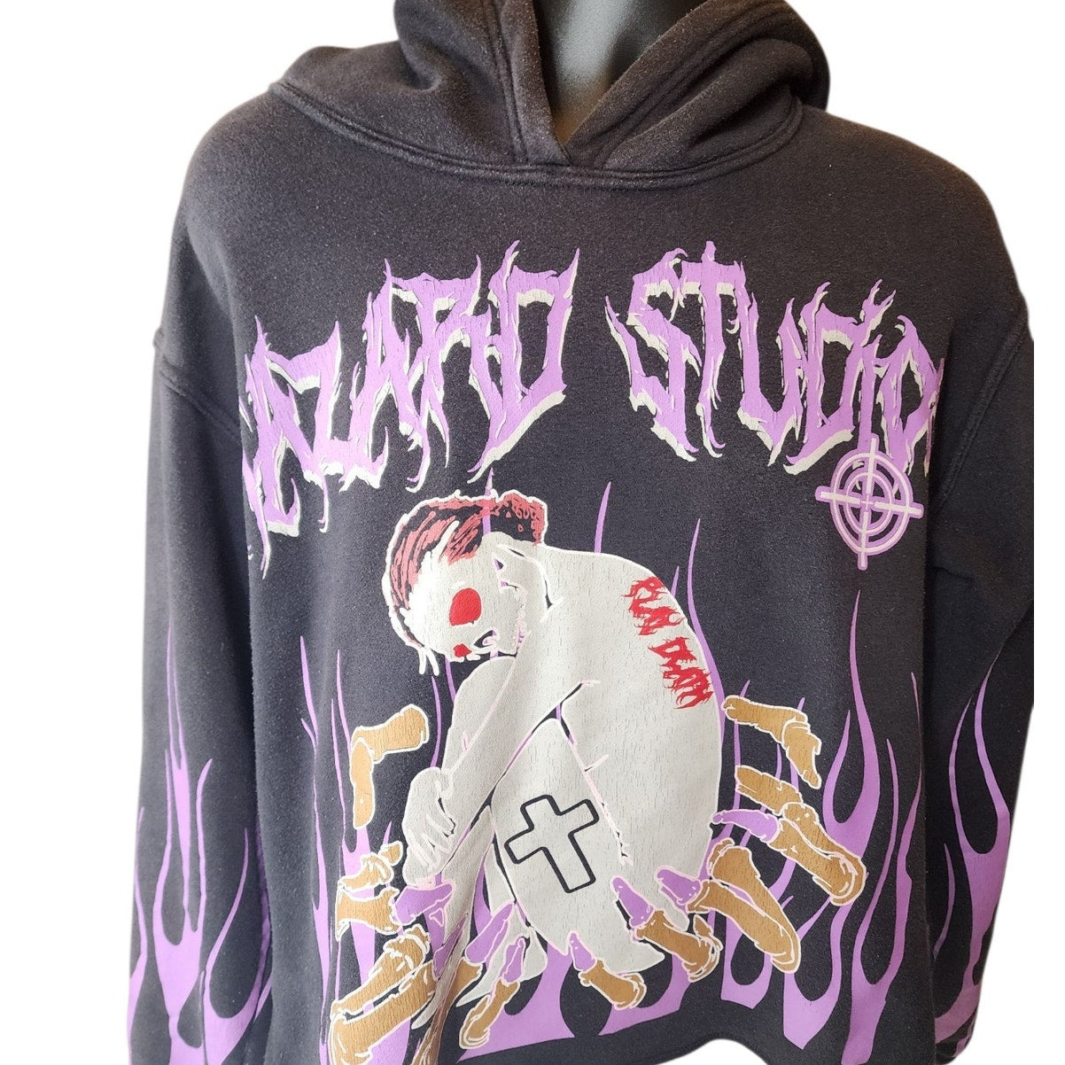 Hazard Hoodie Men Medium Graphic Flame Skeleton Goth Streetwear Sweatshirt