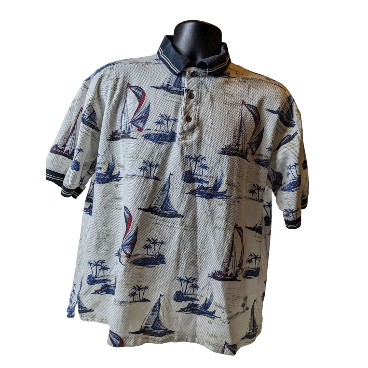 American Summer Polo Shirt Mens Large Nautical Sailboat Vintage Vacation Preppy
