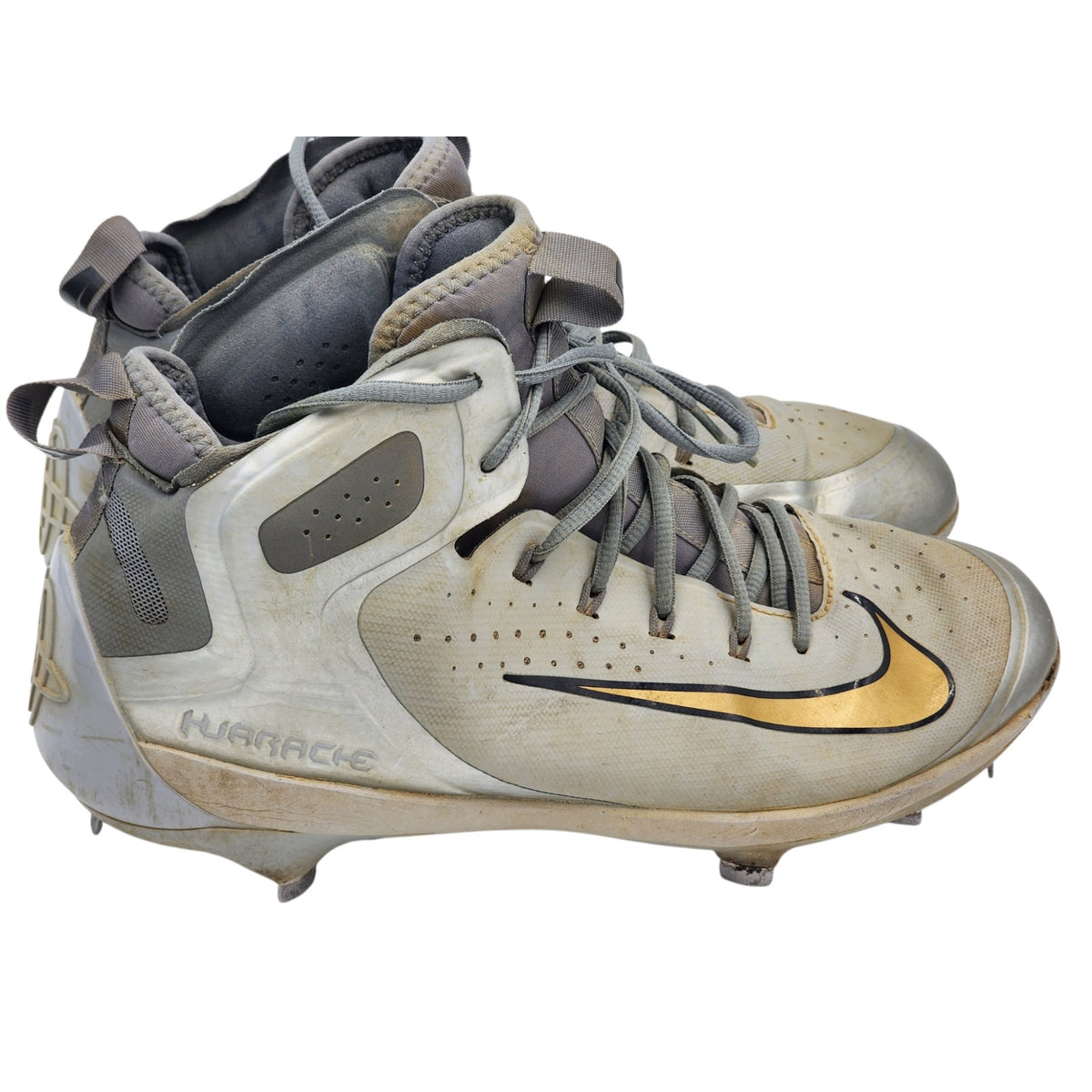 Nike Huarache Baseball Cleats 10.5 Gray Gold Metal Spikes High Top 923428-070