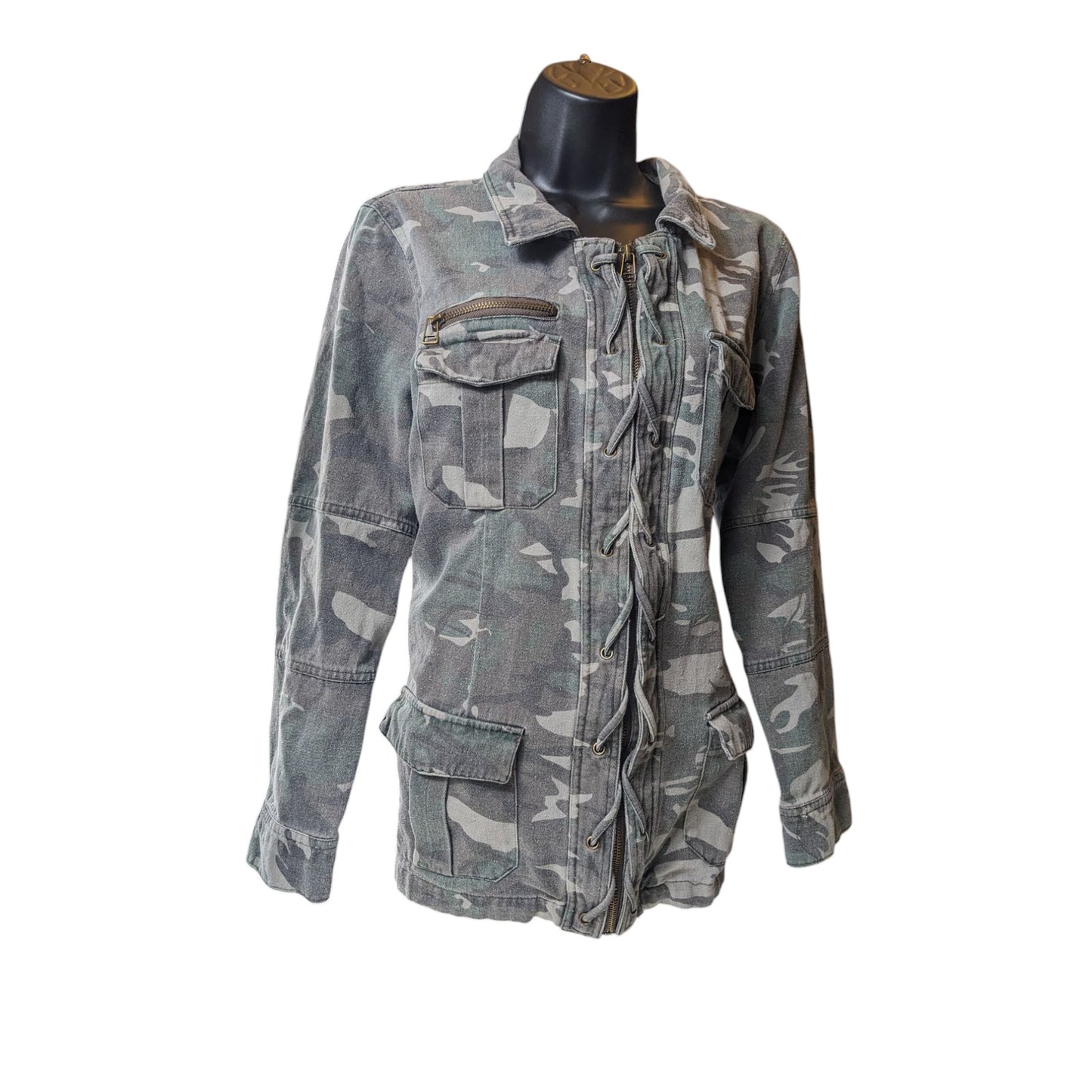 BKE Camo Utility Jacket Womens Large Military Style Zip Up Field Coat Sweatshirt