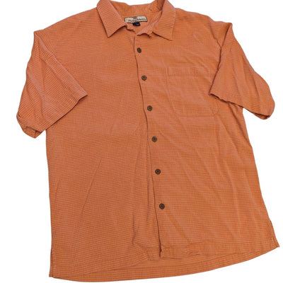 Tommy Bahama Silk Shirt Mens Large Orange Check Short Sleeve Button Beach Resort