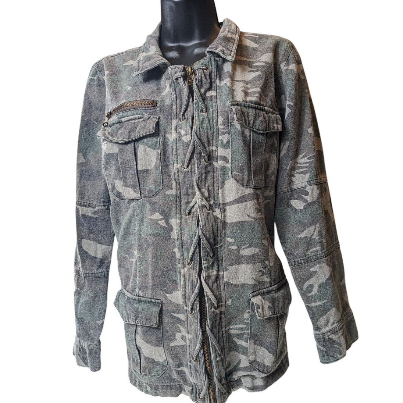 BKE Camo Utility Jacket Womens Large Military Style Zip Up Field Coat Sweatshirt