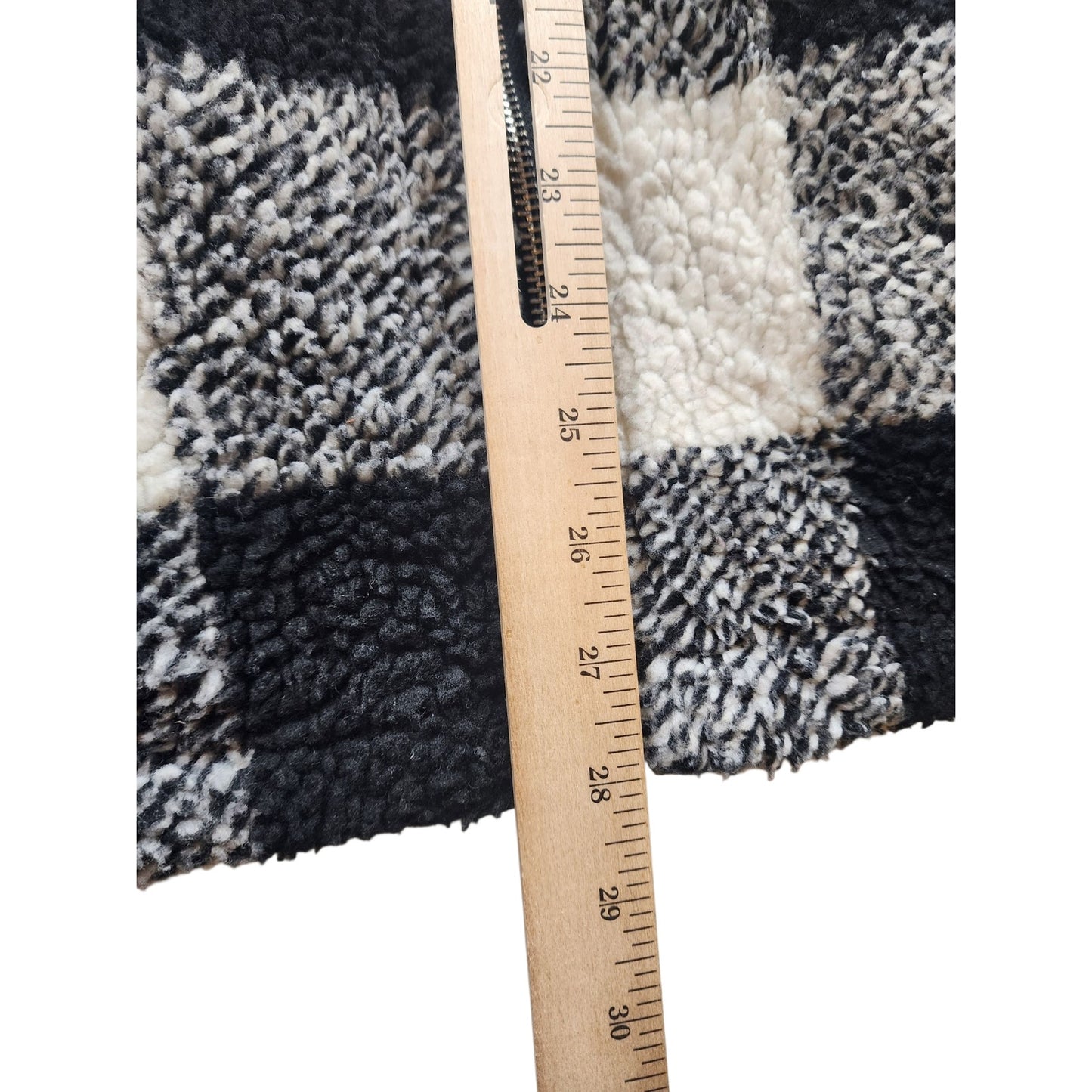 Buffalo Check Sherpa Fleece Jacket Large Black White Plaid Zip Hooded Coat Cozy
