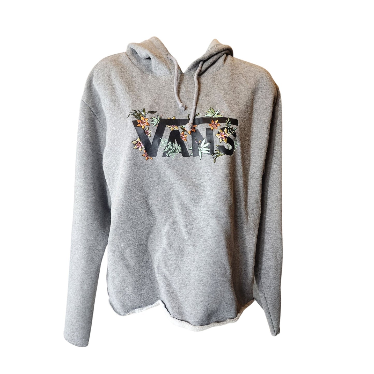 VANS Hoodie Womens Medium Floral Embroidered Raw Hem Cut Off Pullover Sweatshirt